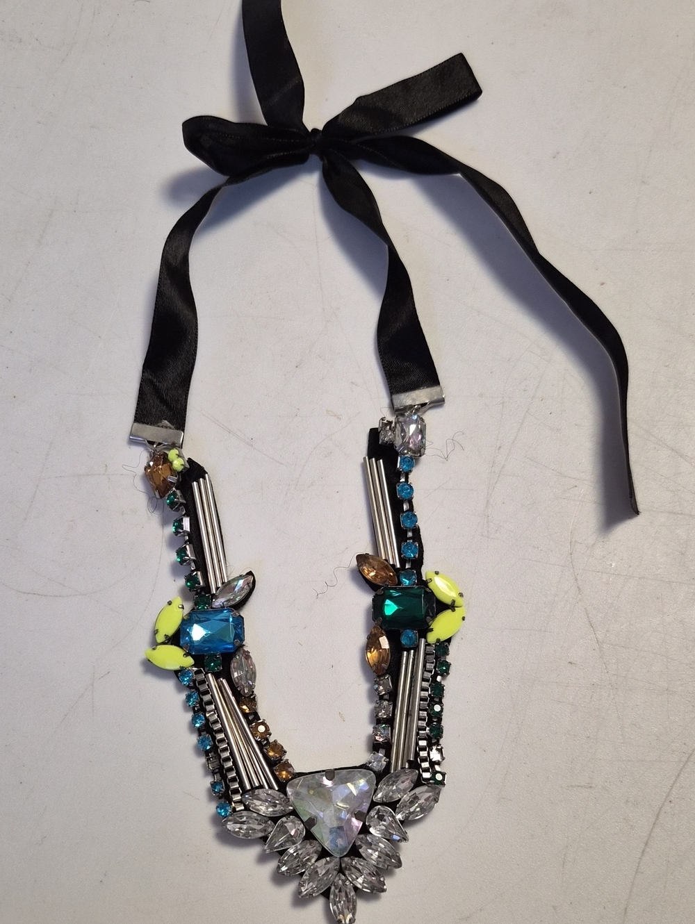 Crystal & Neon Statement Necklace with Black Ribbon